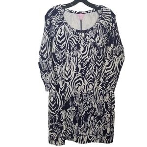 Lilly Pulitzer Preston Dress Sz L Navy Blue White Entourage Zebra Long Sleeve